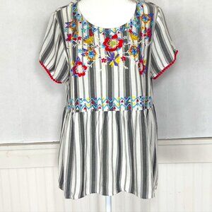 Boho Floral Embroidered Babydoll Top SZ L